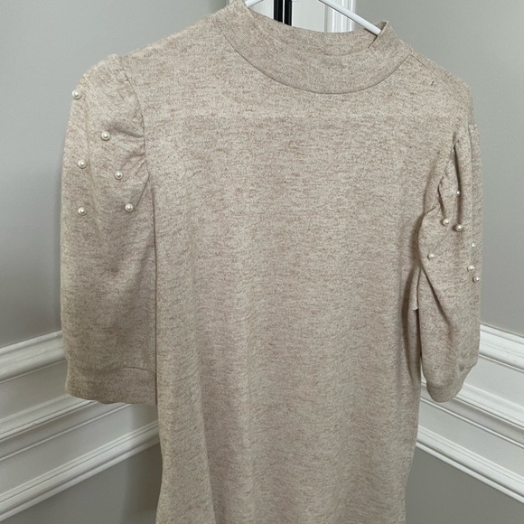 Sweaters - Elegant Beige Sweater with Pearl Accents